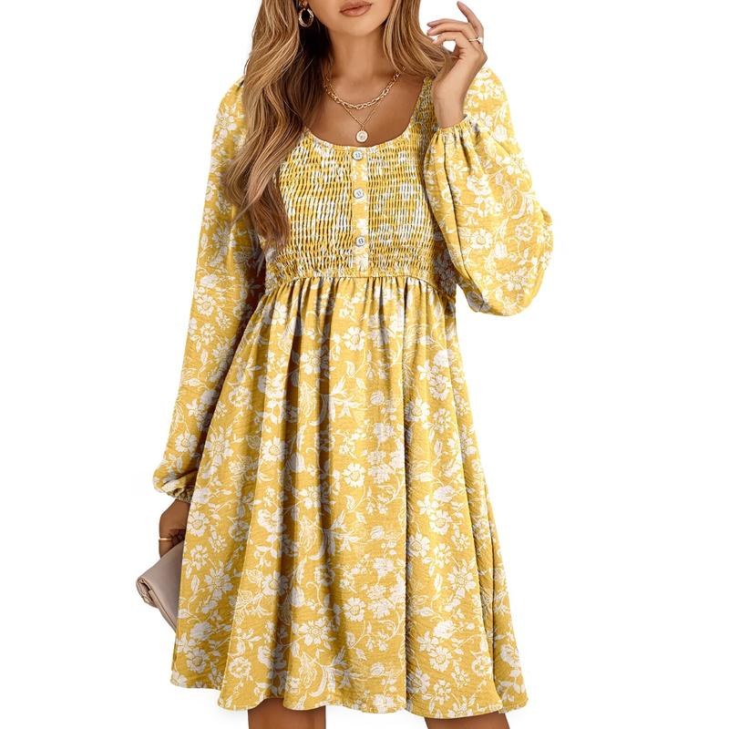 Penny Women's Smocked Square Neck Puff Sleeve A-Line Mini Dress in Yellow
