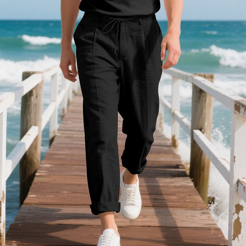 Pepijn Linen Trousers with Drawstring Waist in Black