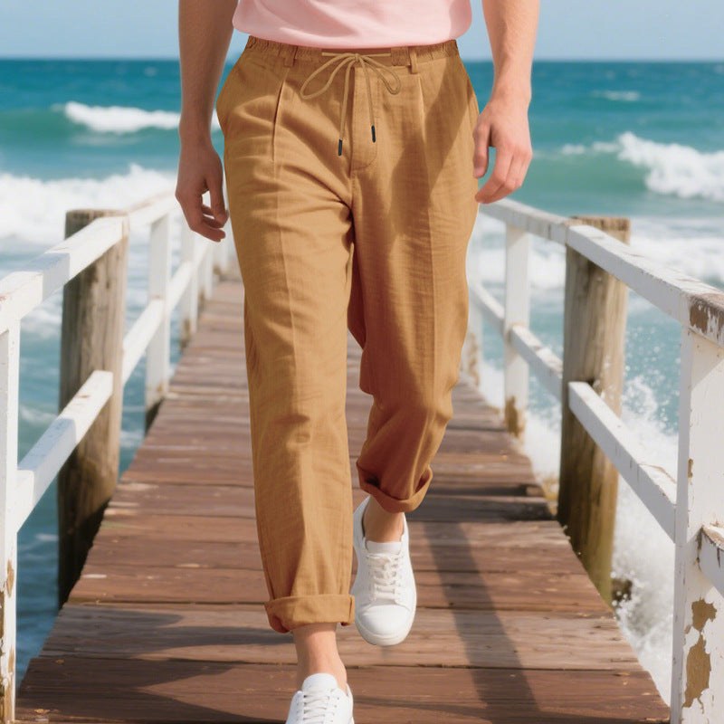Pepijn Linen Trousers with Drawstring Waist in Brown