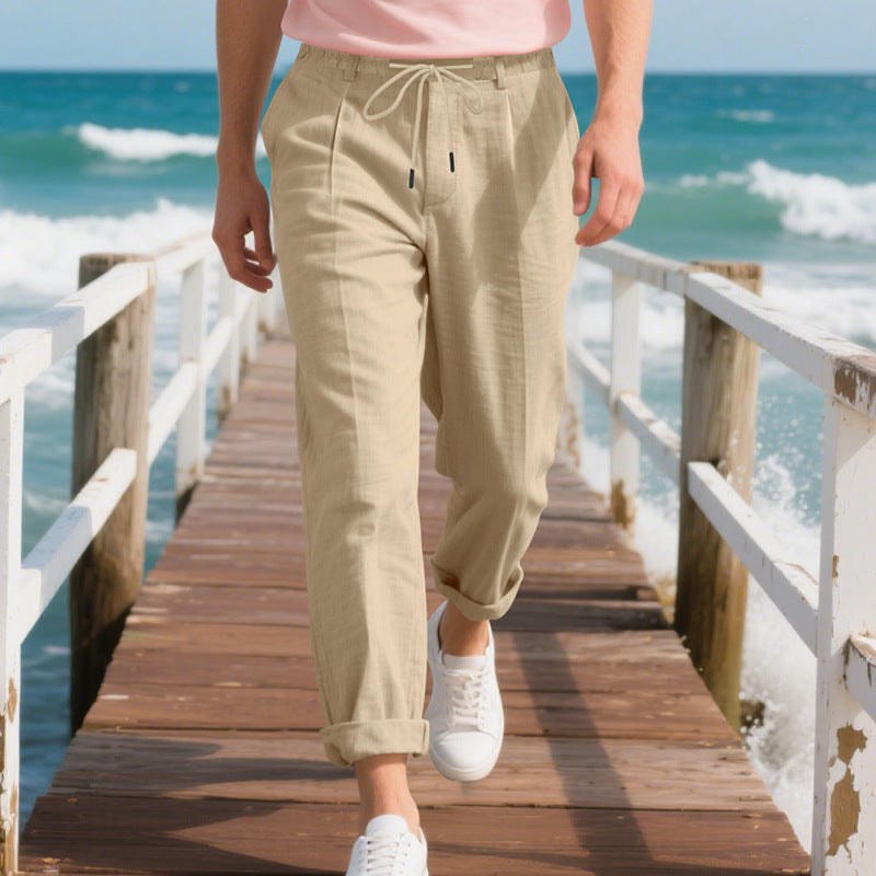 Pepijn Linen Trousers with Drawstring Waist in Khaki