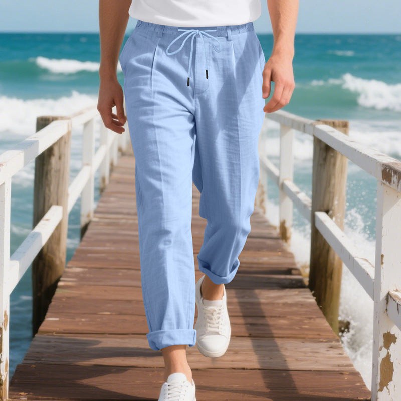 Pepijn Linen Trousers with Drawstring Waist in Light Blue