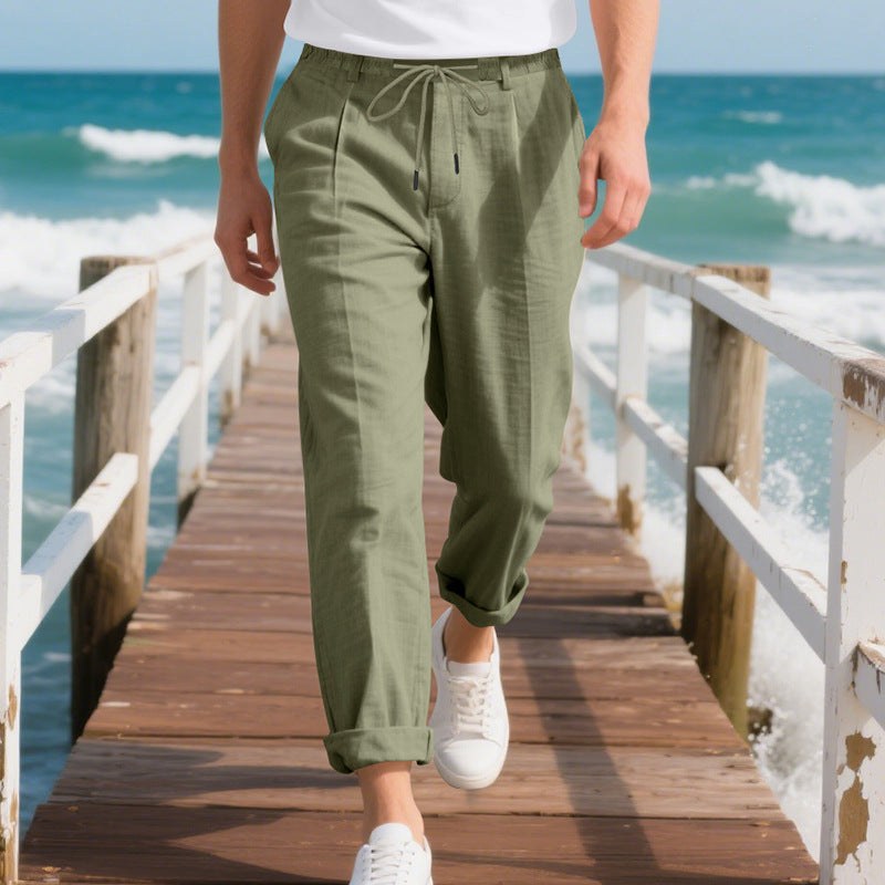 Pepijn Linen Trousers with Drawstring Waist in Olive