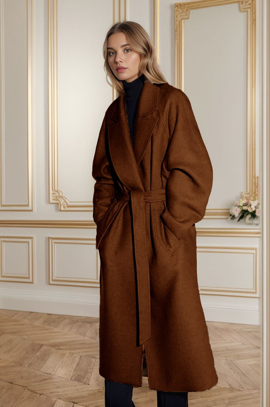 Persia Elegant Coat with Belted in Brown