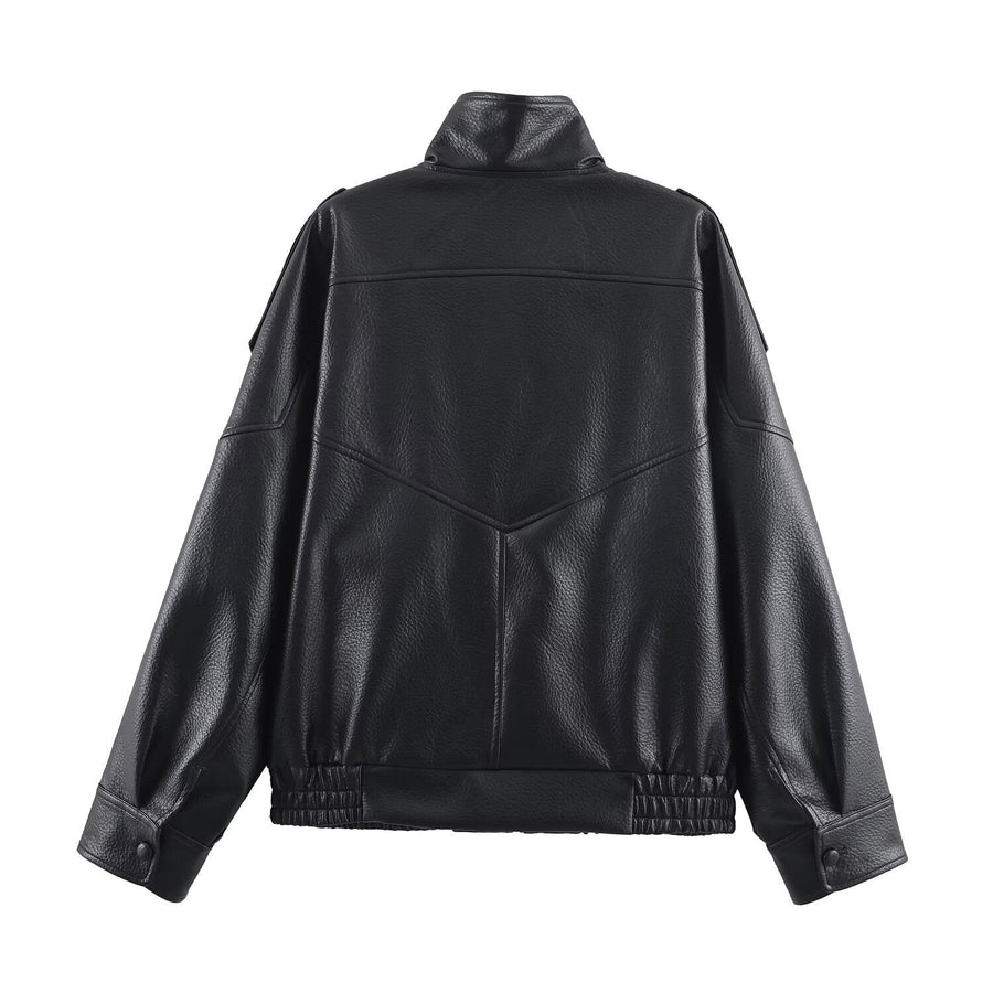 Persia Leather Jacket with Pockets in Black