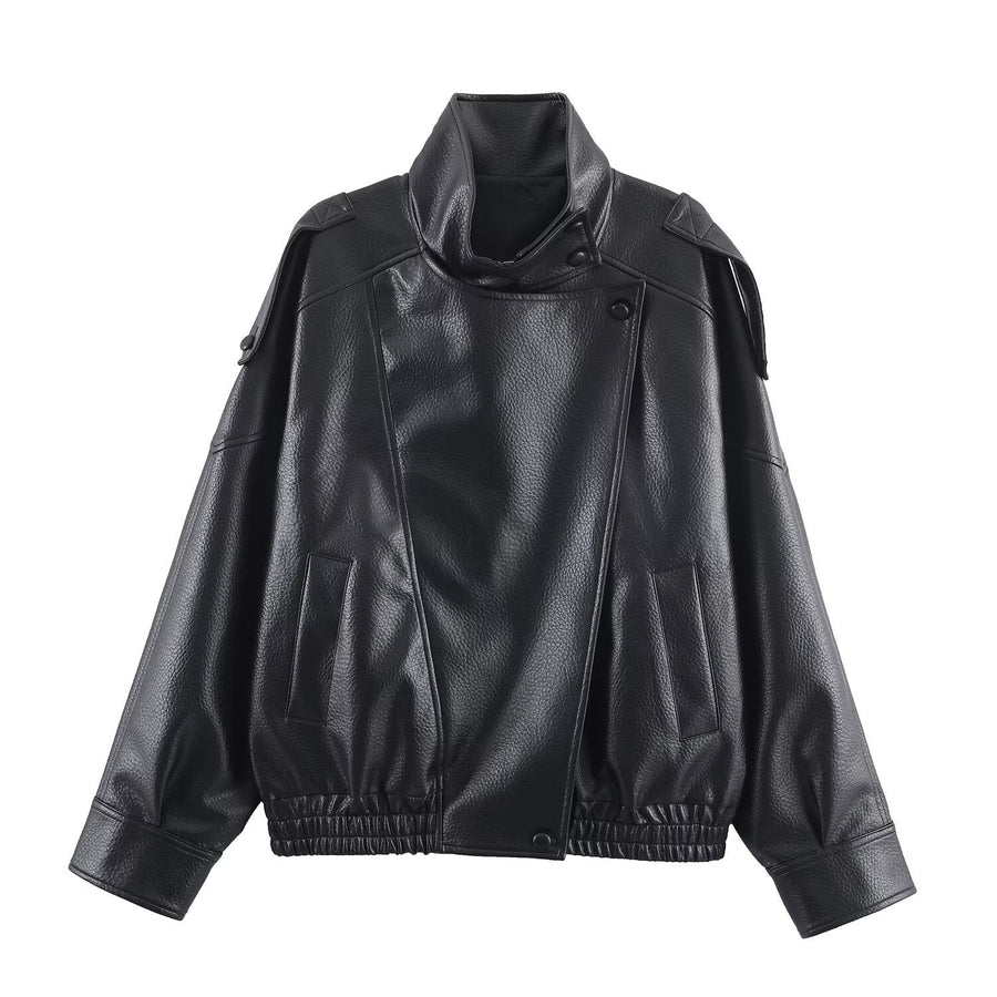 Persia Leather Jacket with Pockets in Black