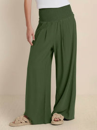 Petra Women's Wide Leg Pants High Waist Smocked Palazzo Trousers in Army Green