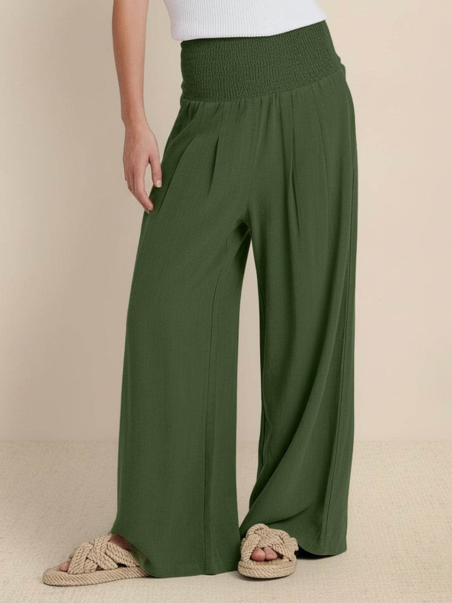 Petra Women's Wide Leg Pants High Waist Smocked Palazzo Trousers in Army Green