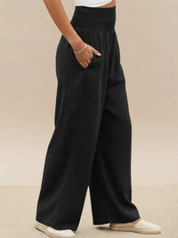 Petra Women's Wide Leg Pants High Waist Smocked Palazzo Trousers in Black