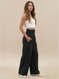Petra Women's Wide Leg Pants High Waist Smocked Palazzo Trousers in Black