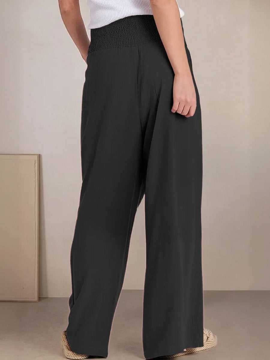 Petra Women's Wide Leg Pants High Waist Smocked Palazzo Trousers in Black