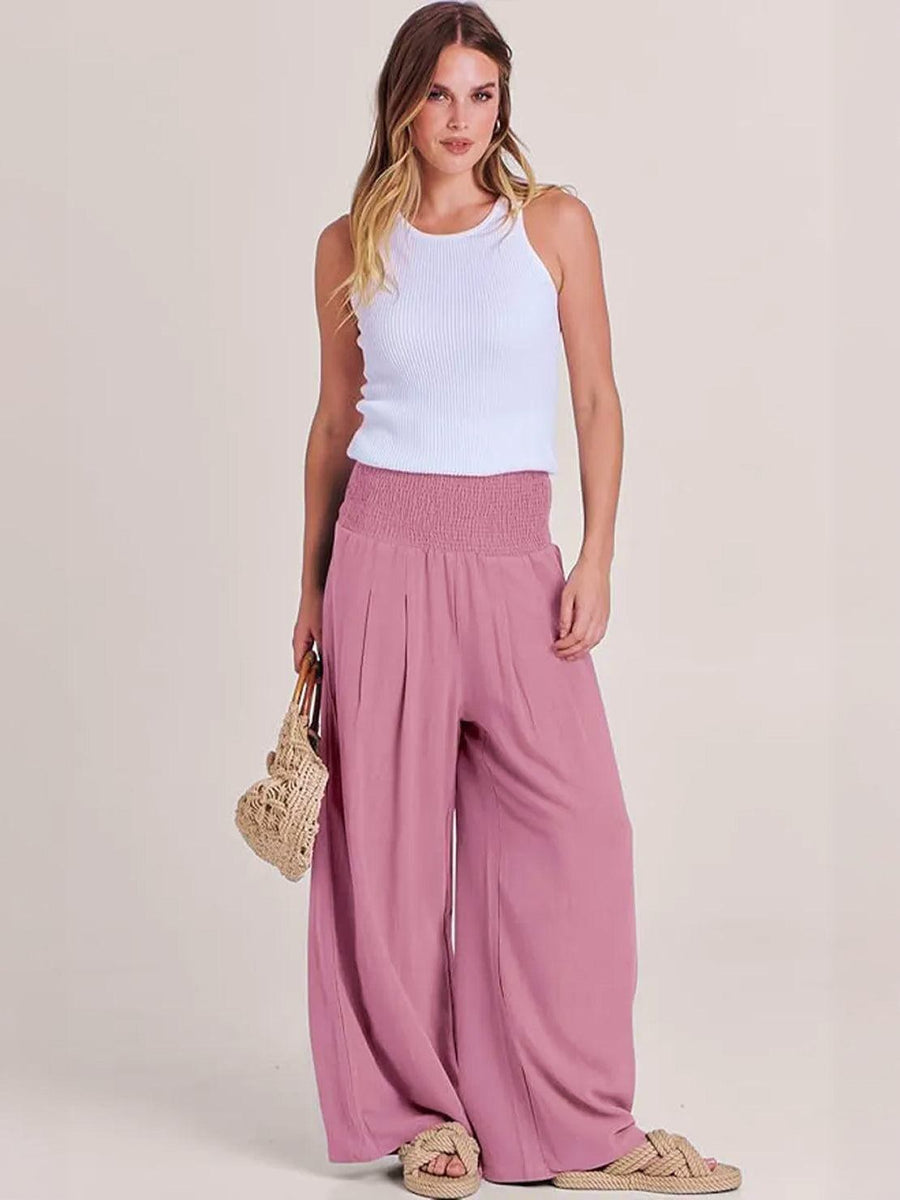 Petra Women's Wide Leg Pants High Waist Smocked Palazzo Trousers in Black