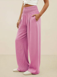 Petra Women's Wide Leg Pants High Waist Smocked Palazzo Trousers in Black