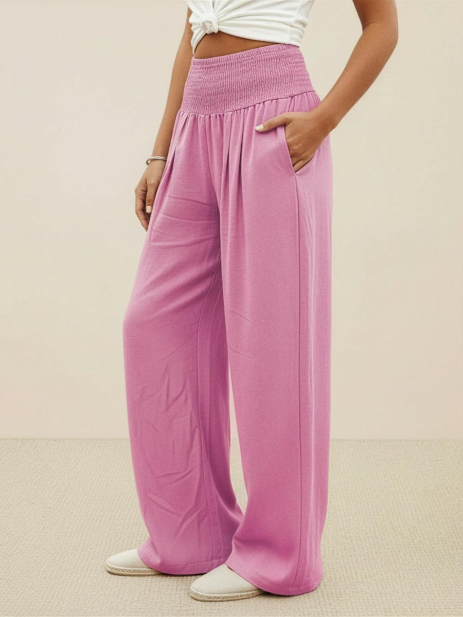 Petra Women's Wide Leg Pants High Waist Smocked Palazzo Trousers in Black