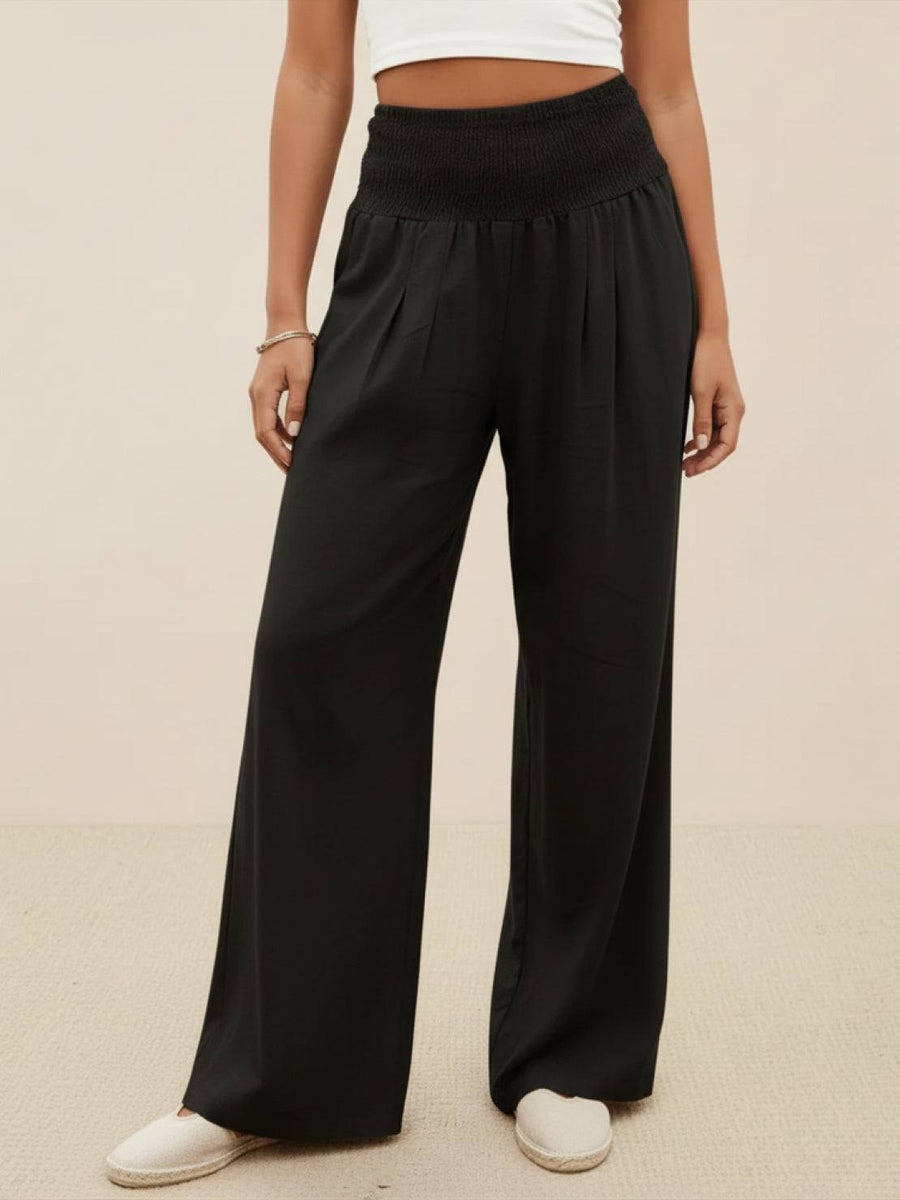 Petra Women's Wide Leg Pants High Waist Smocked Palazzo Trousers in Black
