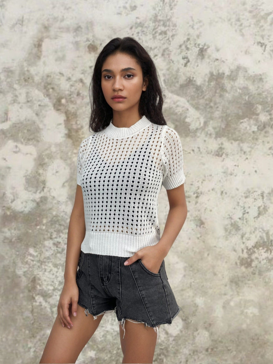 Phoebe Airy Knit Top with Short Sleeve in Ivory
