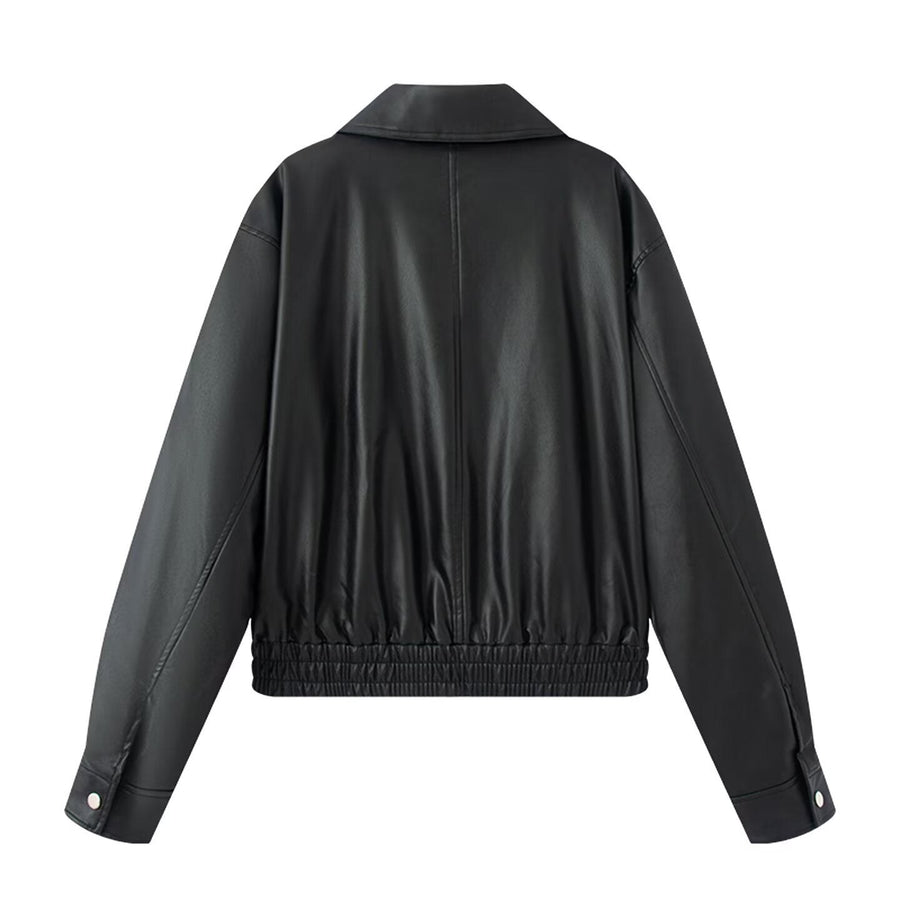 Phoebe Casual Leather Jacket with Elastic Waist and Pockets in Black