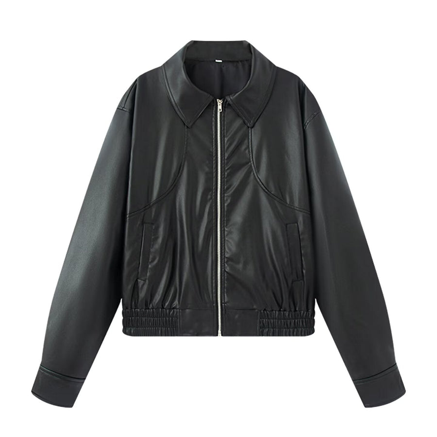 Phoebe Casual Leather Jacket with Elastic Waist and Pockets in Black