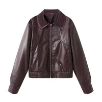 Phoebe Casual Leather Jacket with Elastic Waist and Pockets in Wine Red