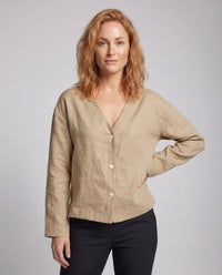 Phoebe Elegant Linen Blouse with V-Neck and Button Front