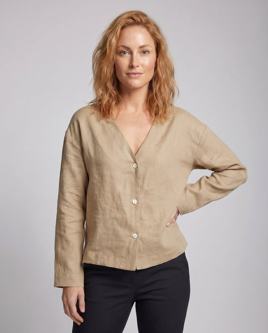 Phoebe Elegant Linen Blouse with V-Neck and Button Front