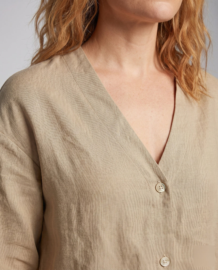 Phoebe Elegant Linen Blouse with V-Neck and Button Front
