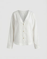 Phoebe Elegant Linen Blouse with V-Neck and Button Front in Beige
