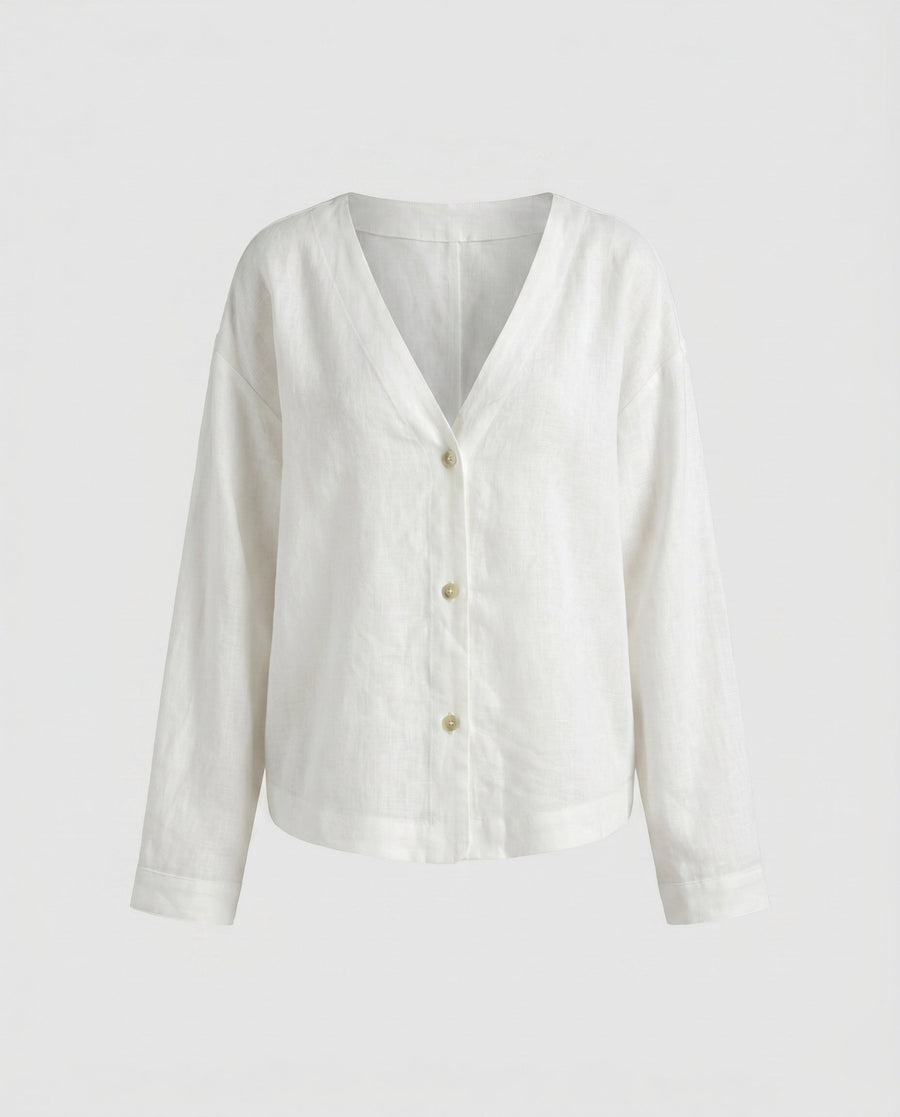 Phoebe Elegant Linen Blouse with V-Neck and Button Front in Beige
