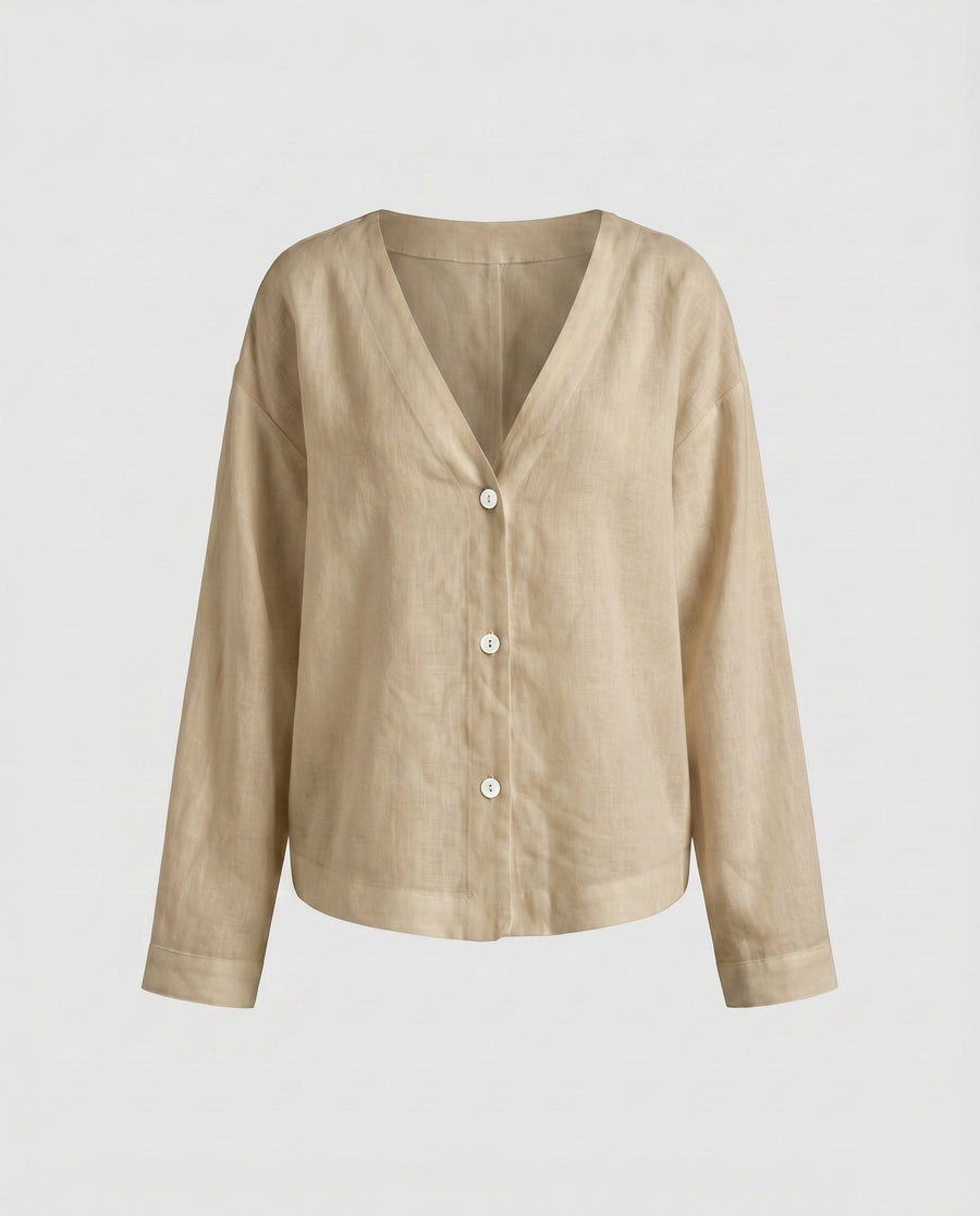 Phoebe Elegant Linen Blouse with V-Neck and Button Front in Brown