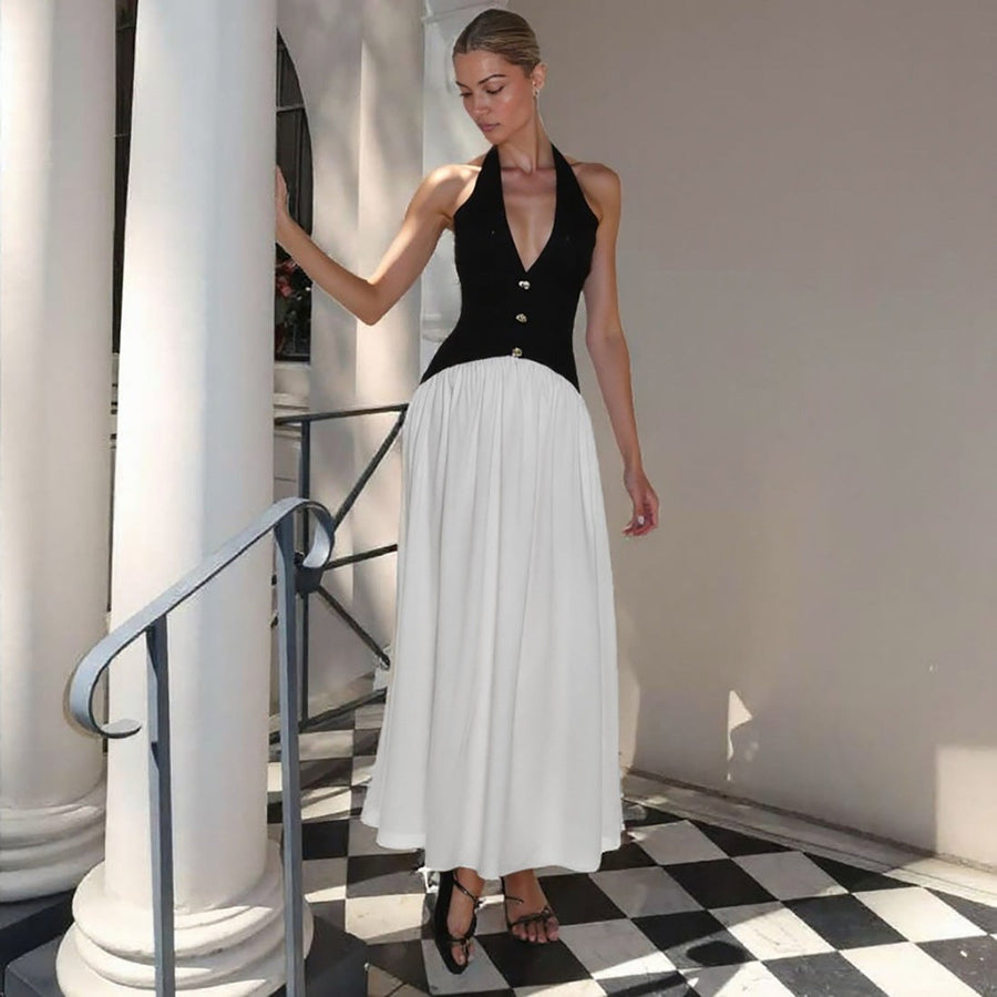 Phoebe Elegant Maxi Dress with V-Neck and Button Front in Black