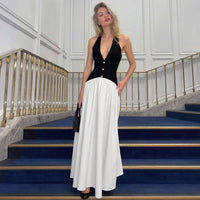 Phoebe Elegant Maxi Dress with V-Neck and Button Front in Black