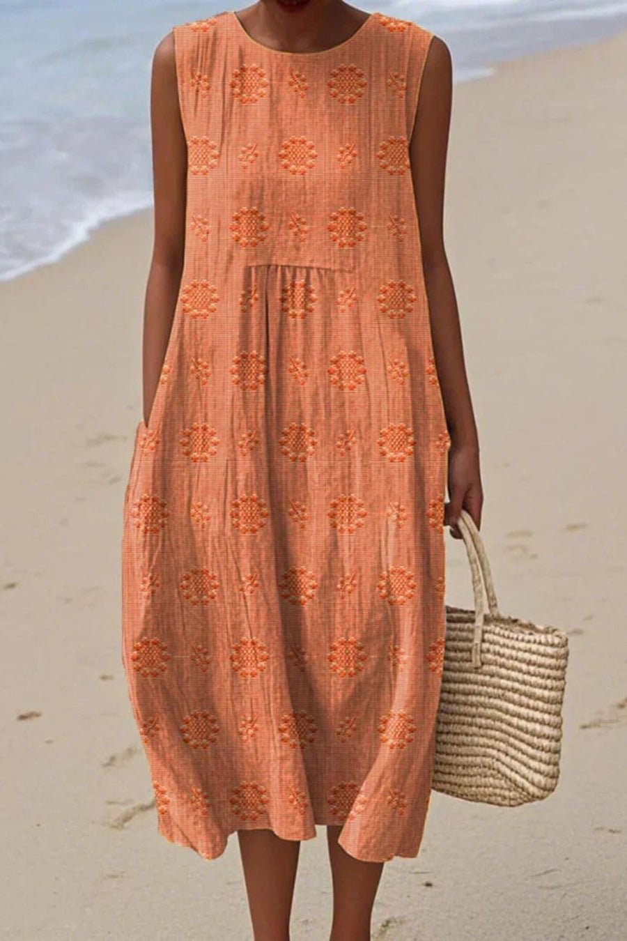 Piper Women's Embroidered Sleeveless Midi Dress in Orange