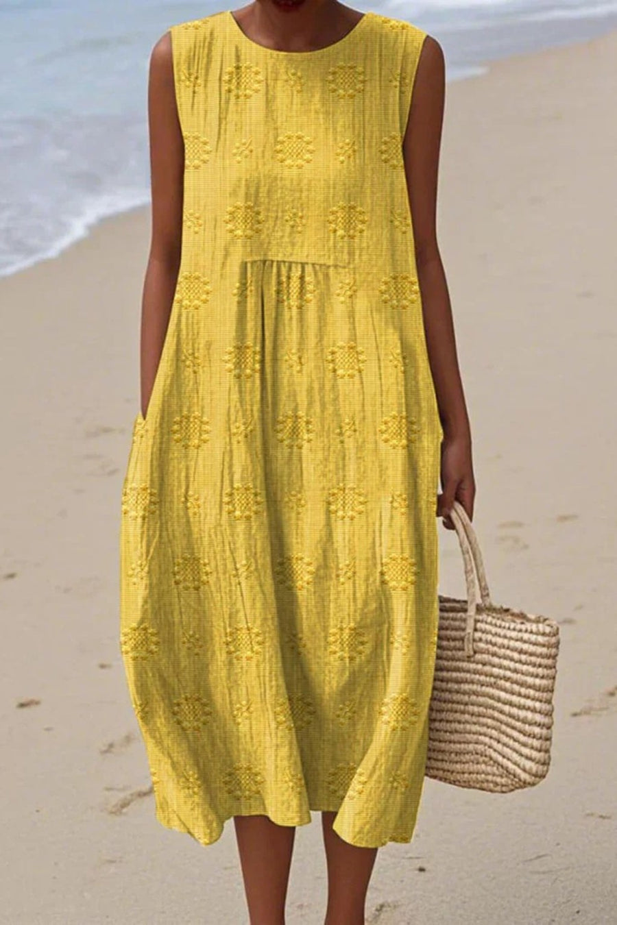Piper Women's Embroidered Sleeveless Midi Dress in Yellow