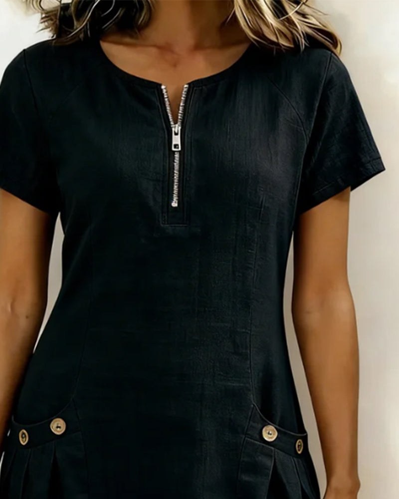 Pippa Women's Linen Short Sleeve Zip Neck A-Line Mini Dress in Black