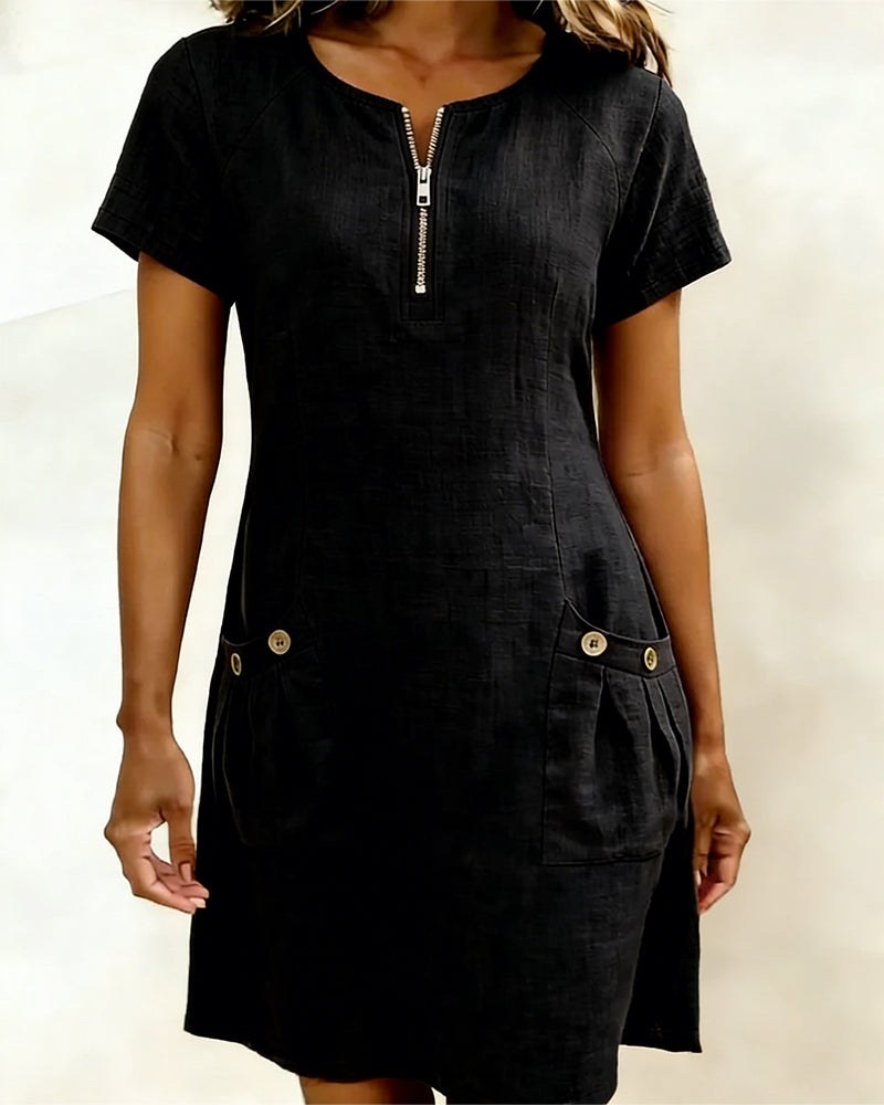 Pippa Women's Linen Short Sleeve Zip Neck A-Line Mini Dress in Black