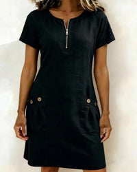 Pippa Women's Linen Short Sleeve Zip Neck A-Line Mini Dress in Black