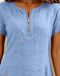 Pippa Women's Linen Short Sleeve Zip Neck A-Line Mini Dress in Blue