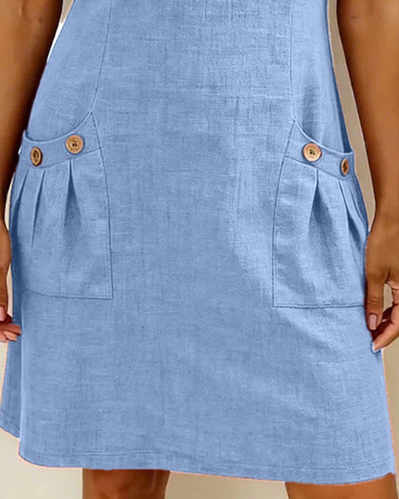 Pippa Women's Linen Short Sleeve Zip Neck A-Line Mini Dress in Blue