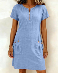 Pippa Women's Linen Short Sleeve Zip Neck A-Line Mini Dress in Blue