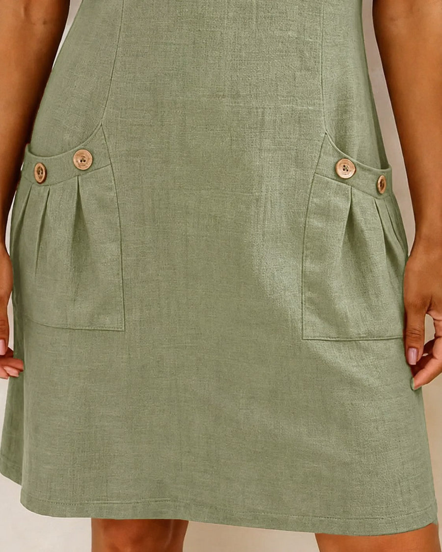 Pippa Women's Linen Short Sleeve Zip Neck A-Line Mini Dress in Green