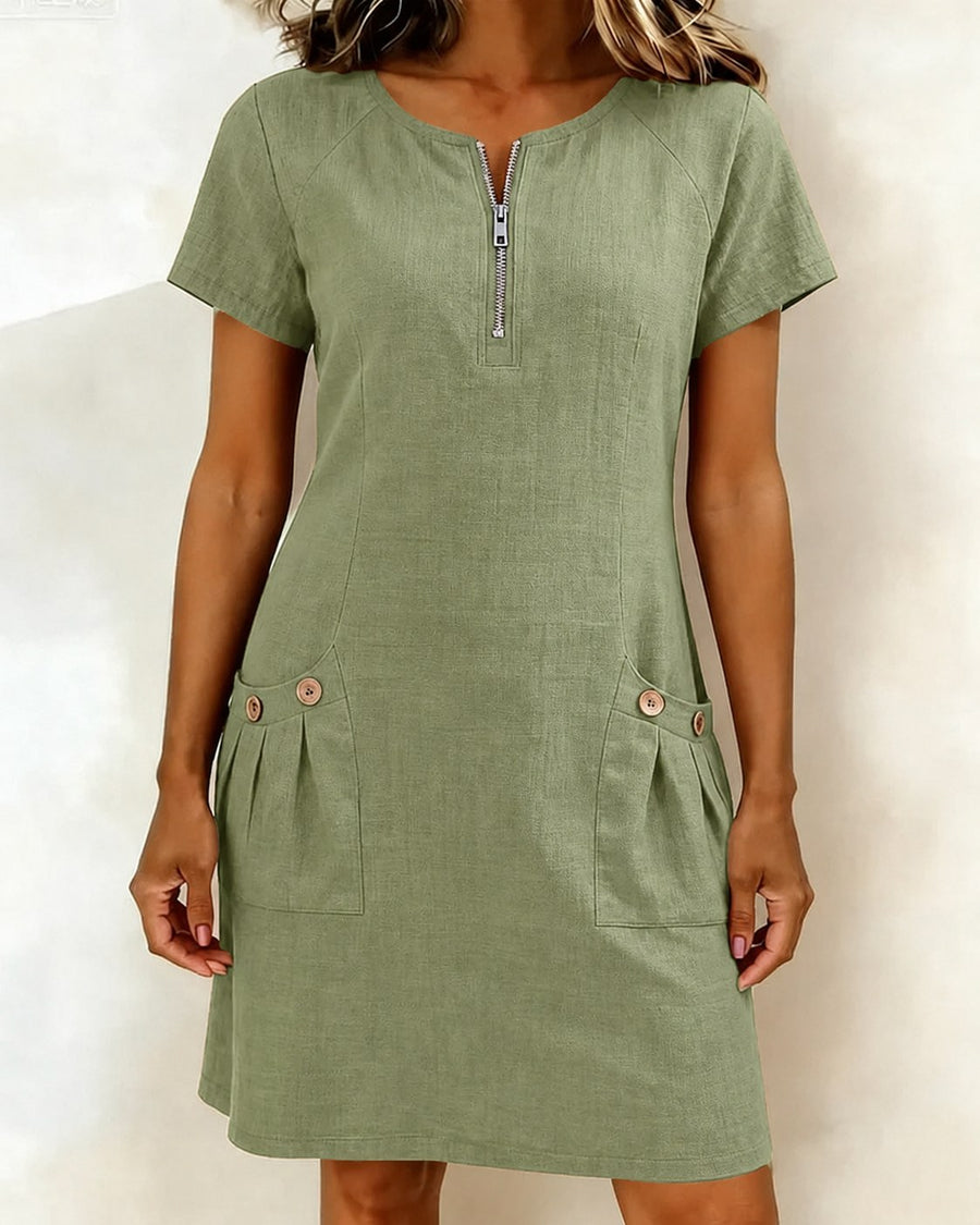 Pippa Women's Linen Short Sleeve Zip Neck A-Line Mini Dress in Green