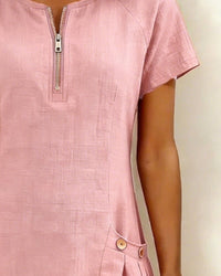Pippa Women's Linen Short Sleeve Zip Neck A-Line Mini Dress in Pink