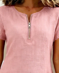 Pippa Women's Linen Short Sleeve Zip Neck A-Line Mini Dress in Pink