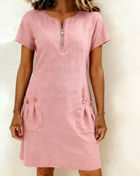 Pippa Women's Linen Short Sleeve Zip Neck A-Line Mini Dress in Pink