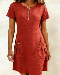 Pippa Women's Linen Short Sleeve Zip Neck A-Line Mini Dress in Red
