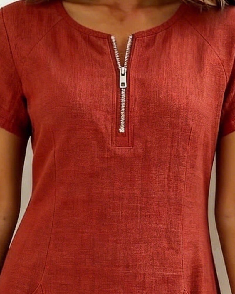 Pippa Women's Linen Short Sleeve Zip Neck A-Line Mini Dress in Red