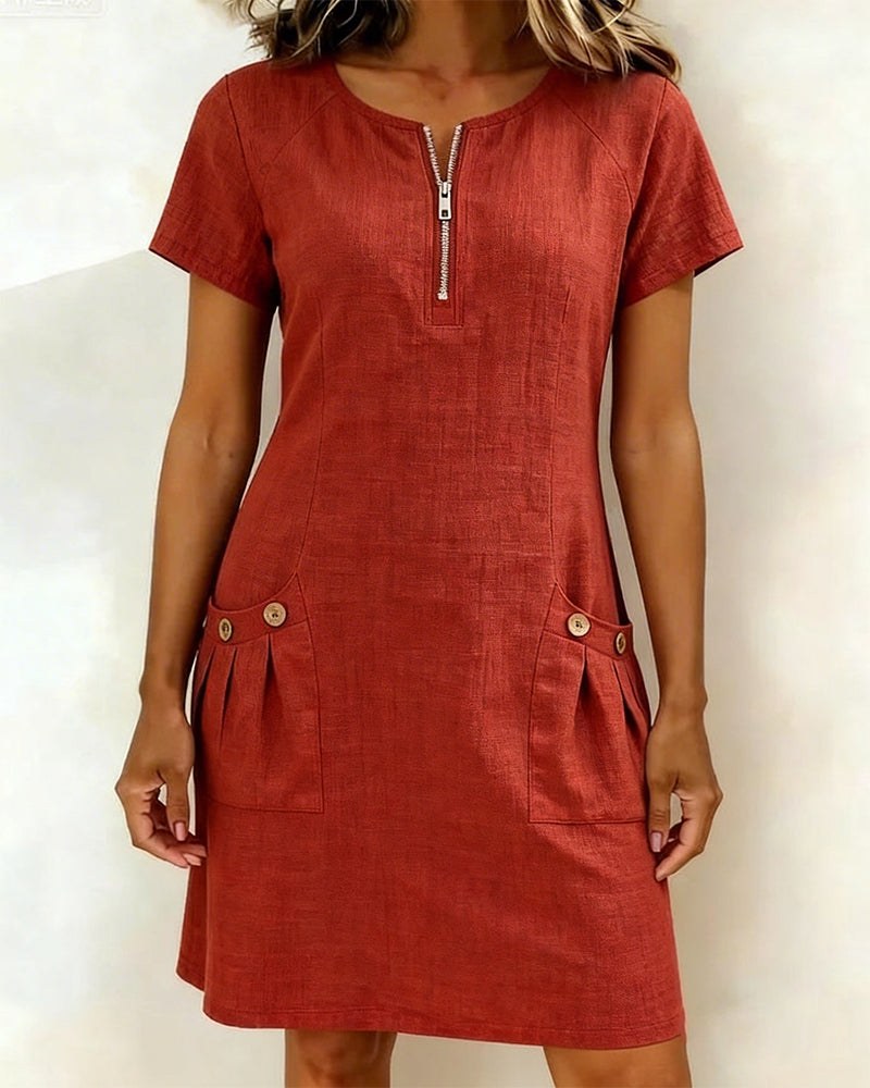 Pippa Women's Linen Short Sleeve Zip Neck A-Line Mini Dress in Red