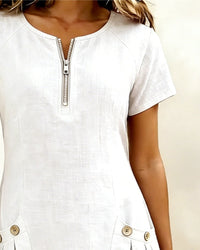 Pippa Women's Linen Short Sleeve Zip Neck A-Line Mini Dress in White