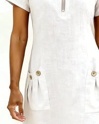 Pippa Women's Linen Short Sleeve Zip Neck A-Line Mini Dress in White