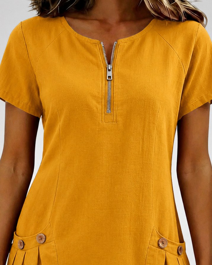 Pippa Women's Linen Short Sleeve Zip Neck A-Line Mini Dress in Yellow