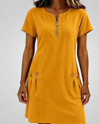 Pippa Women's Linen Short Sleeve Zip Neck A-Line Mini Dress in Yellow